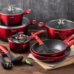 EB-5619 Посуды Набор Кухонной, 15 Предметов, Цвет Красный + Черный Металлик Снаружи